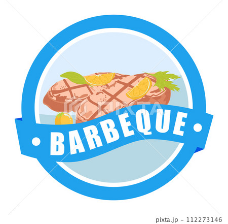 Grilled steak lemon blue BBQ badge. Detailed meat illustration barbecue event. Summer grilling cookout theme vector illustration 112273146