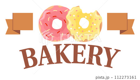 Colorful donuts pink yellow icing. Sweet pastries bakery logo concept. Delicious doughnuts, creative bakery branding vector illustration 112273161