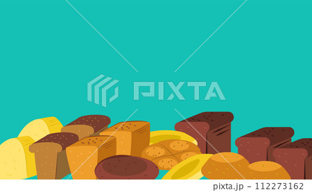 Assorted fresh bread types blue background. Bakery goods variety, bread loaves rolls. Healthy eating bakery theme vector illustration 112273162