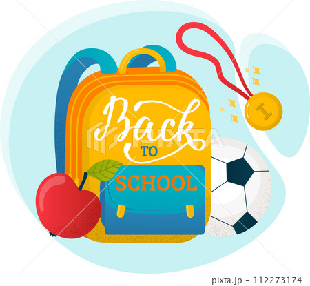 Bright school backpack text Back School, apple, soccer ball, whistle. Education theme, supplies vector illustration 112273174