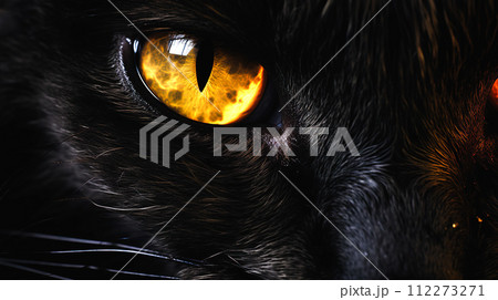 黒猫の金色の右目のクローズアップ「AI生成画像」 112273271