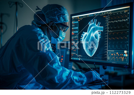 A doctor carefully examines an X-ray displayed on a computer monitor. This concept emphasizes the integration of advanced tools in medicine. Generative AI. 112273329