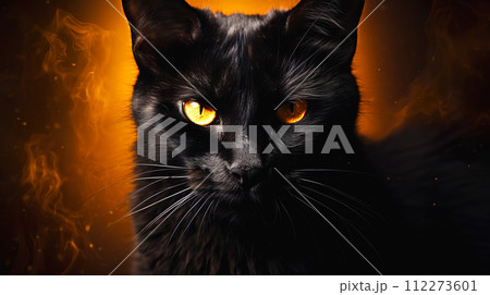 金色の瞳の鋭い目つきの黒猫「AI生成画像」のイラスト素材 [112273601