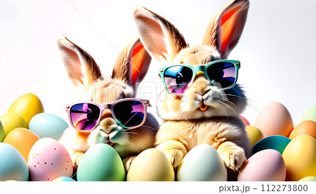 カラフルな卵とサングラスをかけた幸せなウサギ。 イースターエッグのコンセプト　AI生成 112273800