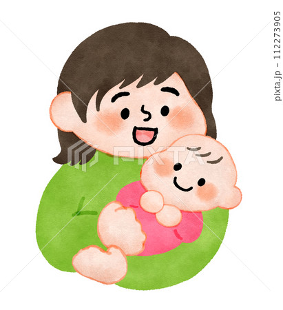 赤ちゃんを抱っこするお母さん　手描きイラスト素材 112273905
