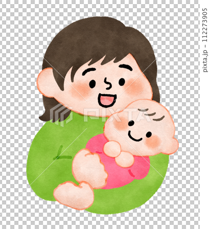 赤ちゃんを抱っこするお母さん　手描きイラスト素材 112273905