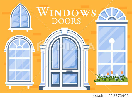 House Architecture Vector Illustration with Doors and Windows Various Shapes, Colors and Sizes in Flat Cartoon Background 112273969