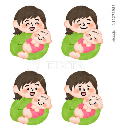 赤ちゃんを抱っこするお母さん 手描きイラスト素材セット 赤ちゃんを抱っこするお母さん 手描きイラスト素材セット 112273988
