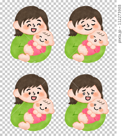 赤ちゃんを抱っこするお母さん 手描きイラスト素材セット 赤ちゃんを抱っこするお母さん 手描きイラスト素材セット 112273988