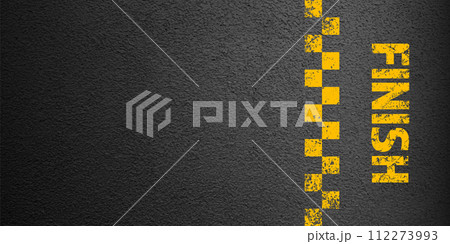 Asphalt road with yellow finish line marking, concrete highway surface, texture. Street traffic lane, road dividing strip. Pattern with grainy structure, grunge stone background. Vector illustration 112273993