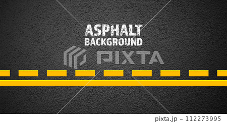 Asphalt road with yellow lane marking, concrete highway surface, texture. Street traffic line, road dividing strip. Pattern with grainy structure, grunge stone background. Vector illustration 112273995