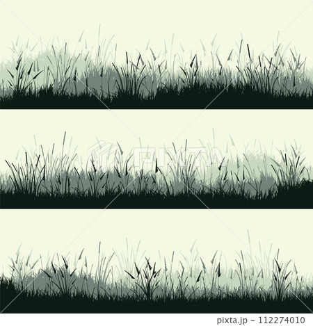 Meadow silhouettes with grass, plants on plain. Panoramic summer lawn landscape with herbs, various weeds. Herbal border, frame. Nature background. Green horizontal banner. Vector illustration Meadow silhouettes with grass, plants on plain. Panoramic summer lawn landscape with herbs, various weeds. Herbal border, frame. Nature background. Green horizontal banner. Vector illustration 112274010