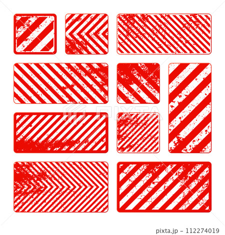 Red grunge warning signs with diagonal lines. Old attention, danger or caution sign, construction site signage. Realistic notice signboard, warning banner, road shield. Vector illustration Red grunge warning signs with diagonal lines. Old attention, danger or caution sign, construction site signage. Realistic notice signboard, warning banner, road shield. Vector illustration 112274019