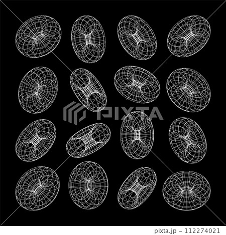 Wireframe shapes, lined torus. Perspective mesh, 3d grid. Low poly geometric elements. Retro futuristic design elements, y2k, vaporwave and synthwave style. Vector illustration 112274021