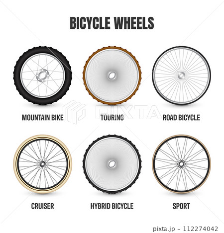 Realistic 3d bicycle wheels. Bike rubber tyres, shiny metal spokes and rims. Fitness cycle, touring, sport, road and mountain bike. Vector illustration 112274042