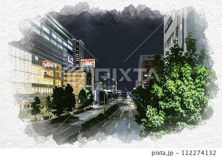 水彩画風　高崎駅東口　東三条通り　群馬県高崎市 112274132