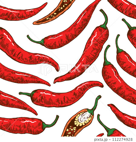Seamless pattern with hand drawn chili peppers. Vector illustration in engraving style. 112274928