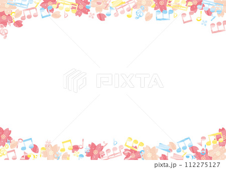水彩のカラフル音符と桜のフレーム_横 水彩のカラフル音符と桜のフレーム_横 112275127
