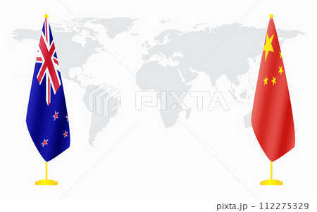 China and New Zealand flags for official meeting China and New Zealand flags for official meeting 112275329