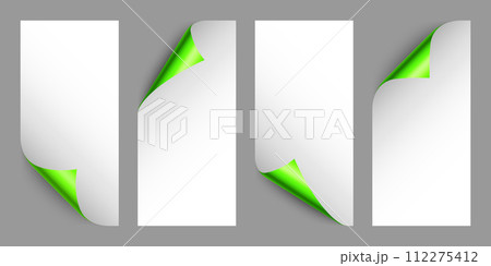 Set of green paper curls. Curled page corner with shadow. Blank sheet of paper. Colorful shiny foil. Design element for advertising and promotion. Vector illustration. Set of green paper curls. Curled page corner with shadow. Blank sheet of paper. Colorful shiny foil. Design element for advertising and promotion. Vector illustration. 112275412