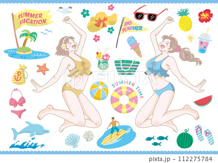 夏のリゾートを楽しむ女性のイラスト 112275784