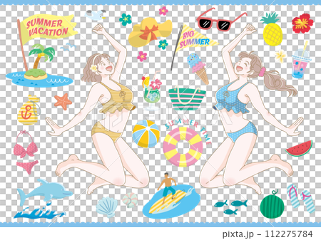 夏のリゾートを楽しむ女性のイラスト 112275784