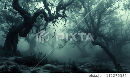 AI-generated content. Mysterious Ancient Oak Trees Shrouded in Fog 112276383