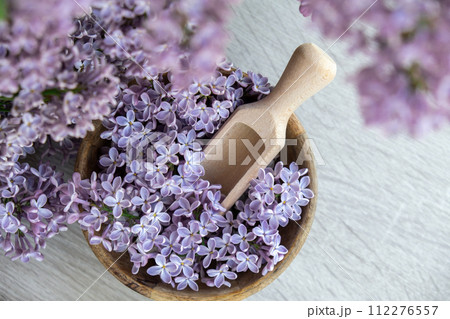 Wooden Bowl with wooden spoon of fresh purple lilac petals with branch of blooming lilac. Lilac flowers fragrance. Concept for spa wellness and aromatherapy. Copy space Still life composition 112276557