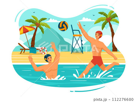 Water Polo Sport Vector Illustration with Player Playing to Throw the Ball on the Opponent's Goal in the Swimming Pool in Flat Cartoon Background Water Polo Sport Vector Illustration with Player Playing to Throw the Ball on the Opponent's Goal in the Swimming Pool in Flat Cartoon Background 112276680
