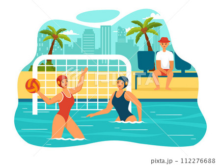 Water Polo Sport Vector Illustration with Player Playing to Throw the Ball on the Opponent's Goal in the Swimming Pool in Flat Cartoon Background 112276688
