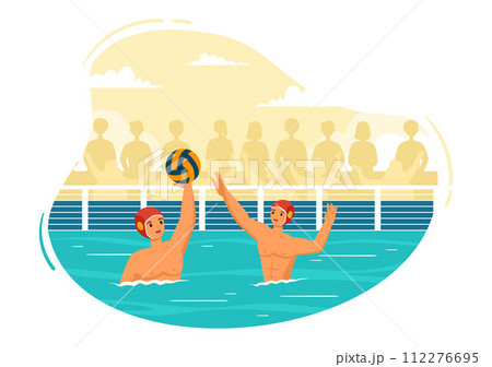 Water Polo Sport Vector Illustration with Player Playing to Throw the Ball on the Opponent's Goal in the Swimming Pool in Flat Cartoon Background Water Polo Sport Vector Illustration with Player Playing to Throw the Ball on the Opponent's Goal in the Swimming Pool in Flat Cartoon Background 112276695