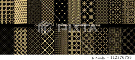 Geometric set of seamless gold and black patterns. Simple vector graphics 112276759