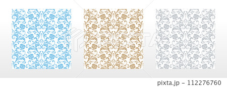 Wallpapers in the style of Baroque. Seamless vector backgrounds. Set of colored floral ornaments. Graphic patterns for fabric, wallpaper, packaging. Ornate Damask flower ornaments 112276760