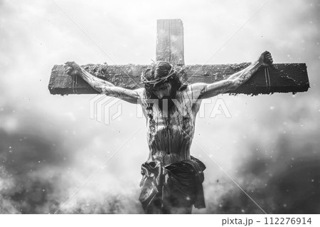 Dramatic Jesus Christ Crucifixion Statue in Black and White Dramatic Jesus Christ Crucifixion Statue in Black and White 112276914