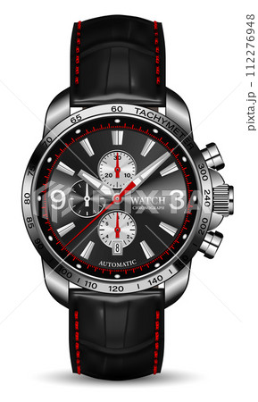 Realistic clock watch chronograph silver brown face red arrow black number on white background design for men luxury vector 112276948