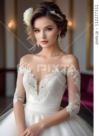エレガントなウェディングドレスを着て綺麗な髪型と化粧をした美しい花嫁モデルの女性　AI生成 112277111