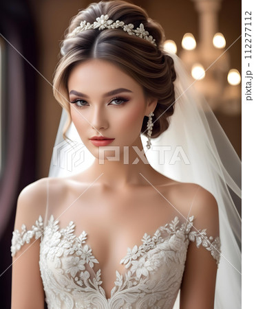 エレガントなウェディングドレスを着て綺麗な髪型と化粧をした美しい花嫁モデルの女性　AI生成 112277112