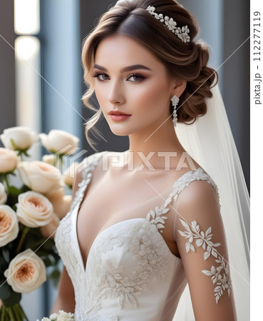 エレガントなウェディングドレスを着て綺麗な髪型と化粧をした美しい花嫁モデルの女性　AI生成 112277119