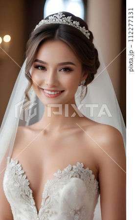 エレガントなウェディングドレスを着て綺麗な髪型と化粧をした美しい幸せな笑顔の美しい花嫁モデルの女性　 112277131