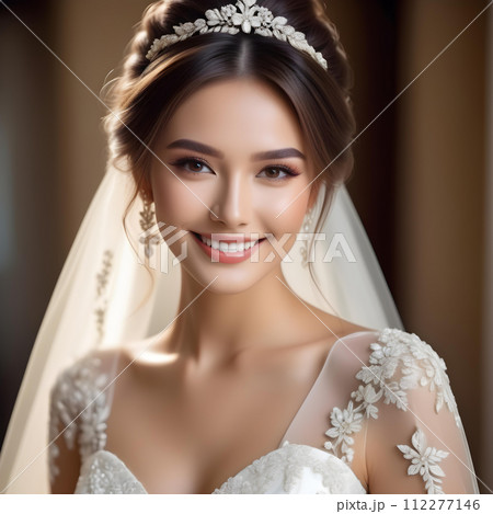 エレガントなウェディングドレスを着て綺麗な髪型と化粧をした美しい幸せな笑顔の美しい花嫁モデルの女性　 112277146