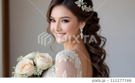 エレガントなウェディングドレスを着て綺麗な髪型と化粧をした美しい幸せな笑顔の美しい花嫁モデルの女性　 112277166