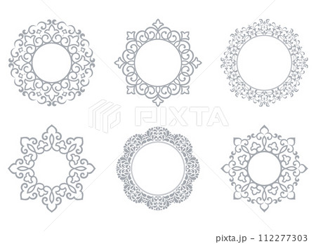 Set of decorative frames Elegant vector element for design in Eastern style, place for text. Floral gray and white borders. Lace illustration for invitations and greeting cards 112277303