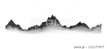 Grunge halftone mountain range. Black textured landscape terrain silhouette. Fading grainy hills chain wallpaper. Grungy dotted mountain peaks background. Vector long rock terrain illustration 112277977