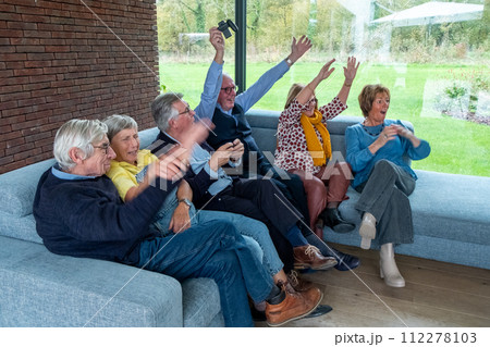 Exuberant Seniors Celebrating a Win in a Video Game Exuberant Seniors Celebrating a Win in a Video Game 112278103