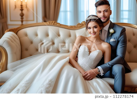 ソファに座っているウェディングドレスを着た幸せな笑顔の美しい花嫁とハンサムな新郎 112278174