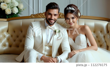 ソファに座っているウェディングドレスを着た幸せな笑顔の美しい花嫁とハンサムな新郎 112278175