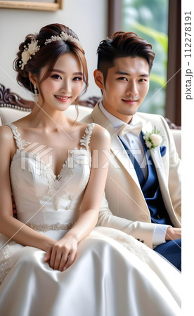 ソファに座っているウェディングドレスを着た幸せな笑顔の美しい花嫁とハンサムな新郎 112278191