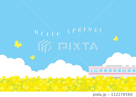 菜の花畑を走る電車と空の背景イラスト 112278560
