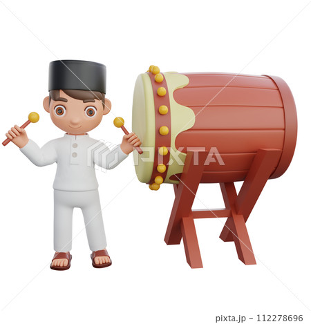 3D Illustration of Muslim character Beating the Bedug Drum 112278696
