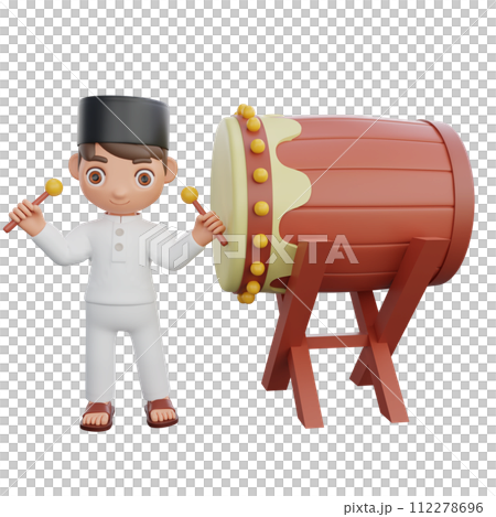 3D Illustration of Muslim character Beating the Bedug Drum 112278696